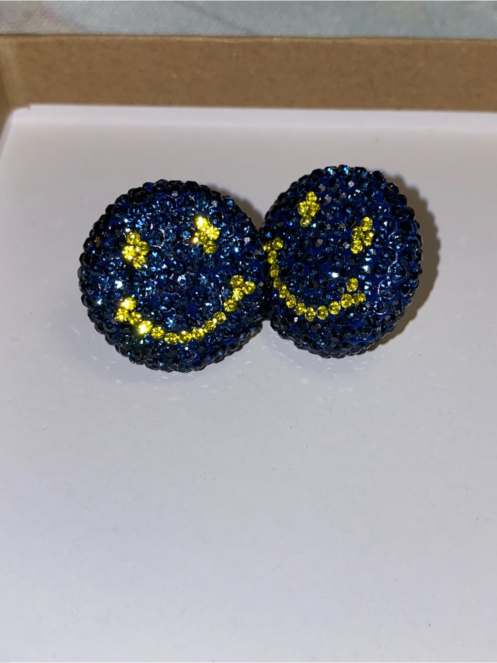 Feed Me Gems Blue and Yellow Crystal Smiley Face Stud Earrings